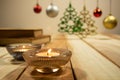 New year and Christmas compositions background with aroma candle,books and decoration Christmas ball on the table wooden Royalty Free Stock Photo