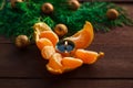New Year and Christmas concept. fir branches, candles and mandarin. winter mood. selective focus