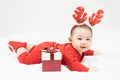 New year and Christmas concept with 5 months old cute asian newborn baby boy,smilimg, wearing christmas antlers of a deer,red Royalty Free Stock Photo