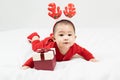 New year and Christmas concept with 5 months old cute asian newborn baby boy,smilimg, wearing christmas antlers of a deer,red Royalty Free Stock Photo