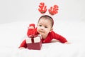 New year and Christmas concept with 5 months old cute asian newborn baby boy wearing christmas antlers of a deer,red clothes Royalty Free Stock Photo