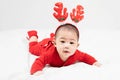 New year and Christmas concept with 5 months old cute asian newborn baby boy wearing christmas antlers of a deer,red clothes Royalty Free Stock Photo