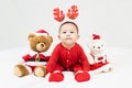 New year and Christmas concept with 5 months old cute newborn baby boy wearing christmas antlers of a deer,red clothes sitting on Royalty Free Stock Photo