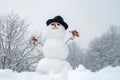 New year Christmas concept. Snowman outdoor. Happy smiling snow man on sunny winter day. Cute little snowman outdoor Royalty Free Stock Photo