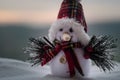 New Year Christmas concept. The snowman stands on snow with blurred nature background. White snowman surrounded by Christmas trees Royalty Free Stock Photo