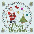 New year Christmas contour color illustration for decoration design greeting inscription Santa Claus stands next to a festive tree Royalty Free Stock Photo