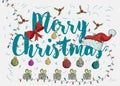 New year Christmas contour color illustration for decoration design greeting inscription with Santa hat at the bottom gift boxes Royalty Free Stock Photo