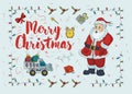 New year Christmas contour color illustration for decoration design Santa Claus opposite greeting inscription style Doodle machine Royalty Free Stock Photo