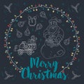 New year Christmas contour illustration for decoration design greeting inscription Santa Claus with a bag of gifts and a truck a Royalty Free Stock Photo