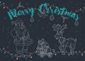 New year Christmas contour illustration for decoration design Santa Claus deer and machine with gifts greeting inscription garland Royalty Free Stock Photo