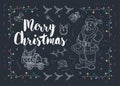 New year Christmas contour illustration for decoration design Santa Claus opposite greeting lettering style Doodle machine with Royalty Free Stock Photo