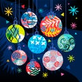 New Year Christmas decoration colorful ornament ball greeting cards. Christmas tree branch stars snowflakes. Royalty Free Stock Photo