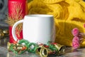 New Year and Christmas decorations and decorations with a yellow sweater on a wooden surface background Royalty Free Stock Photo