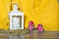 New Year and Christmas decorations and decorations with a yellow sweater on a wooden surface background Royalty Free Stock Photo