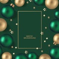 New Year and Christmas design template. Xmas green background with decorative golden and green ball.