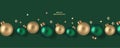 New Year and Christmas design template. Xmas green background with decorative golden and green ball.