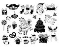 New Year and Christmas doodles. Cute Santa Claus, snowman, deer, unicorn, gingerbread and Christmas stockings and gifts