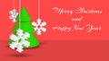 New Year and Christmas festive poster with an artificial green Christmas tree and Christmas tree toy white snowflakes 3D shape