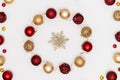 New Year and Christmas frame, greeting card, banner. Red and golden Xmas holiday decorations. Top view, flat lay, copy space Royalty Free Stock Photo