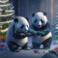 New Year, Christmas, funny pandas near the New Year tree with gifts