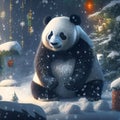 New Year, Christmas, funny pandas near the New Year tree with gifts