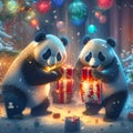 New Year, Christmas, funny pandas near the New Year tree with gifts