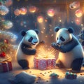 New Year, Christmas, funny pandas near the New Year tree with gifts