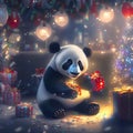 New Year, Christmas, funny pandas near the New Year tree with gifts