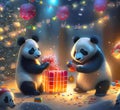 New Year, Christmas, funny pandas near the New Year tree with gifts