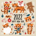 New Year and Christmas funny tiger cubs set in Santa Claus costumes.