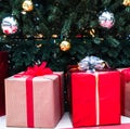 New year and Christmas. Christmas gifts in colorful boxes with ribbons and bows.