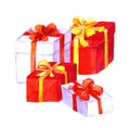 New year, christmas gifts. Red, white boxes. Watercolor