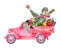 NEW YEAR, CHRISTMAS GNOMES ON A RED CAR. WATERCOLOR ILLUSTRATION. Royalty Free Stock Photo