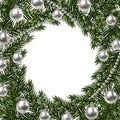 New Year Christmas. A green branch of spruce in a circle and snowflakes. silver balls and beads on a white background