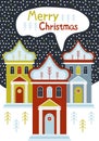 New year and Christmas greeting card. Merry Christmas house. Cartoon vector illustration. Snowy night in cozy christmas town city Royalty Free Stock Photo