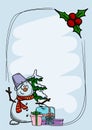 New Year and Christmas Greeting Card Vector Template with Cute Funny Snowman, Gifts and Christmas Tree