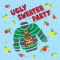 New Year and Christmas hand drawn banner Ugly Sweater Party with knitted lettering and sweater with deer print and ornaments, vect