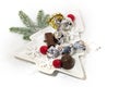 New Year, Christmas holiday card. Ceramic dish Christmas tree chocolate, silver candy Royalty Free Stock Photo