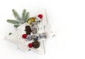 New Year, Christmas holiday card. Ceramic dish Christmas tree chocolate, silver candy Royalty Free Stock Photo