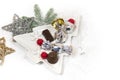 New Year, Christmas holiday card. Ceramic dish Christmas tree chocolate, silver candy Royalty Free Stock Photo