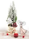 New Year, Christmas holiday card. New Year`s photo. Decorative wooden Christmas tree and berries.