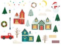 New Year and Christmas home set. Stylized winter cute cozy houses with snowman, trees, mountains. Winter City collection. Vector Royalty Free Stock Photo