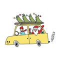 New Year and Christmas illustration with Santa on the car with Christmas tree. Vector illustration