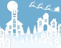 New Year Christmas. An image of Santa Claus and a deers. Snow, moon, trees, houses, church. Landscape cut out of white Royalty Free Stock Photo