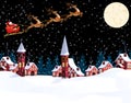 New Year Christmas. An image of Santa Claus and deers. Winter city on the eve of the New Year. Snow, the moon, the