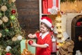 New year and Christmas kids concept. Christmas toy - girl is decorating the Christmas tree. Royalty Free Stock Photo