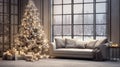 New Year or Christmas living room interior in minimalist style. Christmas tree, fireplace, sofa and large window Royalty Free Stock Photo