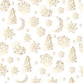 New Year and Christmas luxury gold seamless pattern with stars, balls, noel, moon. Greeting card, invitation, flyer.