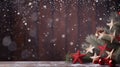 New Year and Christmas minimalistic banner background. green branches of a christmas tree with toys on a dark wooden background Royalty Free Stock Photo