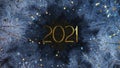 New year and Christmas 2021. Mobile gold inscription 2021 on the background of blue Christmas tree